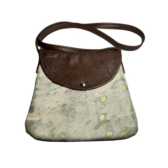 Cowhide Small Crossbody Purse Brown Gold Accents Hand Made In The USA - Picture 2 of 6
